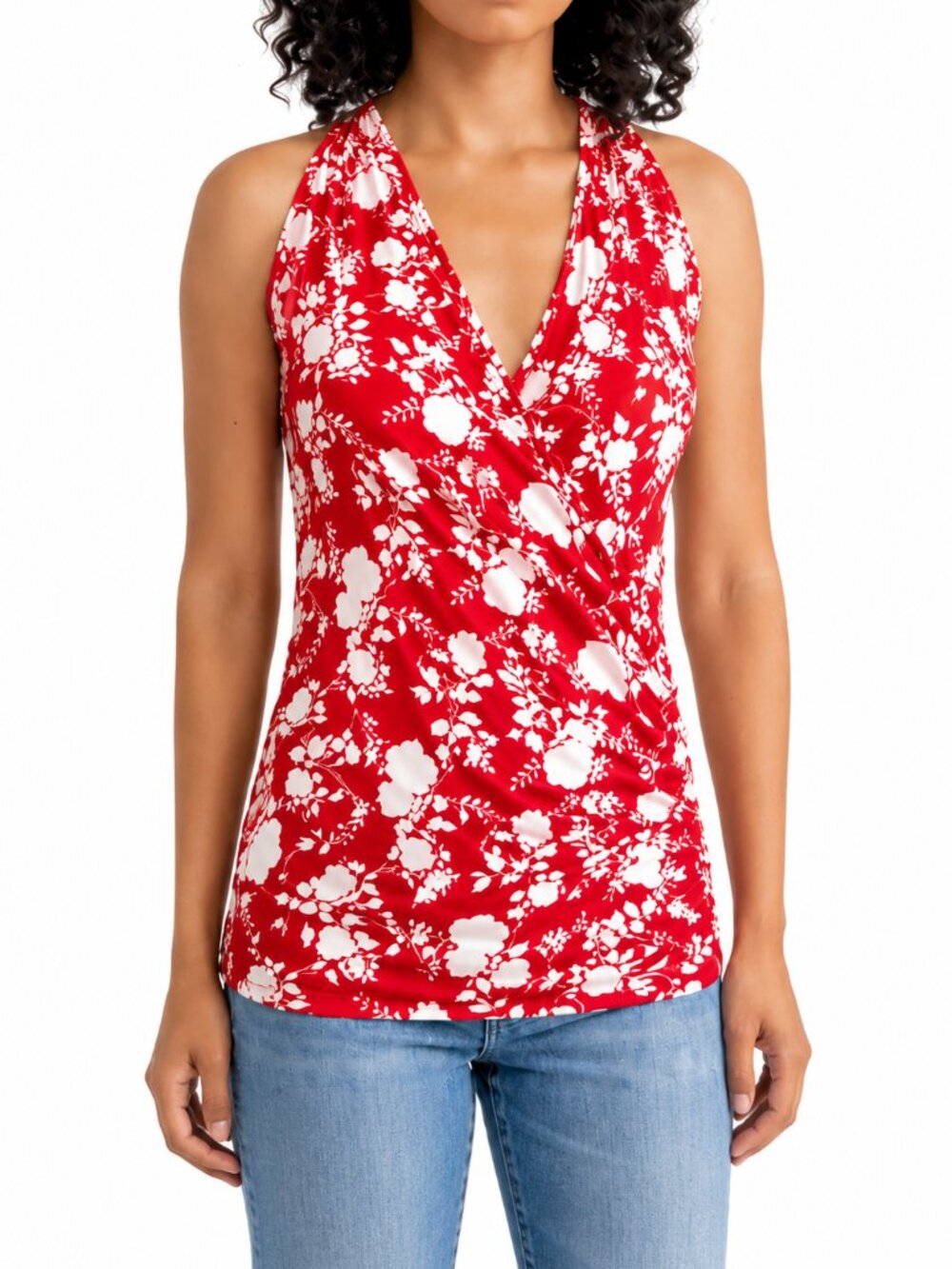 Loveappella Red & White Floral Wrap-Front Tank